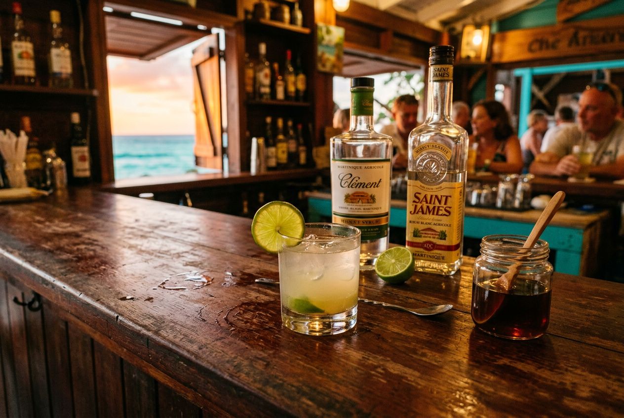 Verre de rhum blanc servi sur un bar en bois, lime en garniture et bouteilles Saint James et Clement en arrière-plan, ambiance bar tropicale.