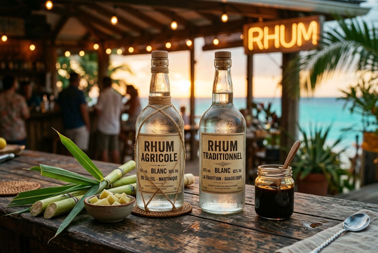 Deux bouteilles de rhum blanc agricole et traditionnel sur une terrasse au coucher du soleil, avec garnish de canne à sucre et pot de miel à côté. Rhum blanc prêt à déguster, ambiance tropicale.